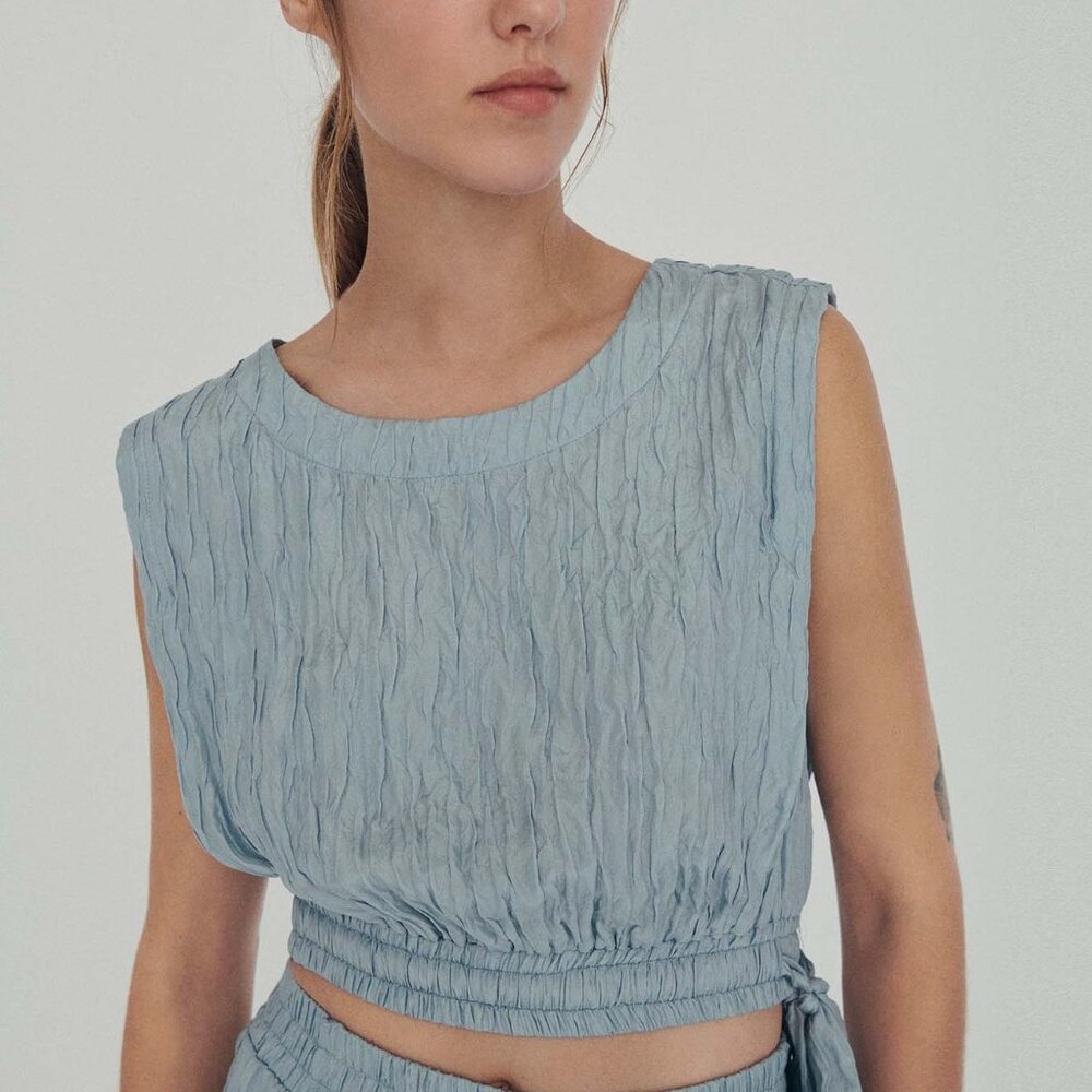 Silk Laundry Crushed Silk Crop Top Light Blue Side Tie Sleeveless